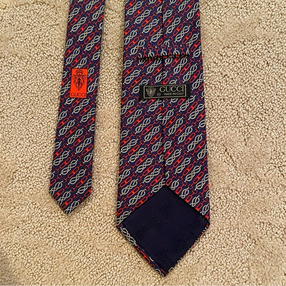 Vintage Gucci Navy/Red Horsebit Equestrian 100% Silk Necktie Made in Italy - Picture 5 of 11